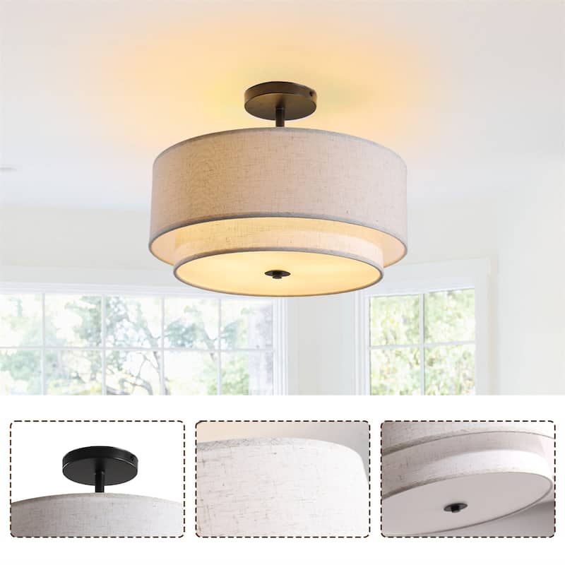 16" Modern Ceiling Light, Fabric Upholstered, Flush-Mount Fixture (Bulb Not Included)