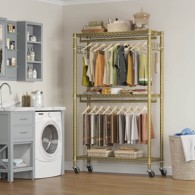 Rolling Clothes Rack for Hanging Clothes Garment Rack 3 Tiers Clothing