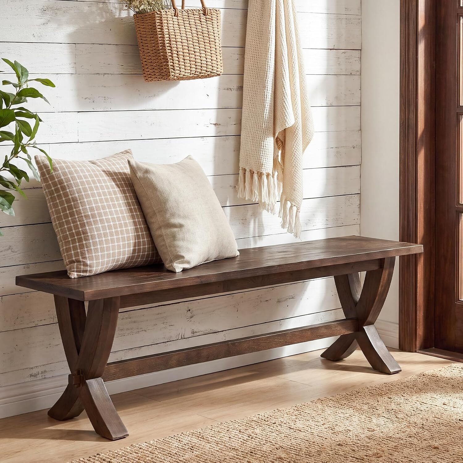 59-Inch Solid Wood Entryway Bench, Farmhouse X-Leg Shoe Bench