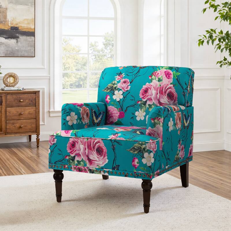 Striped Upholstered Linen Armchair with Brass Nailhead Trim