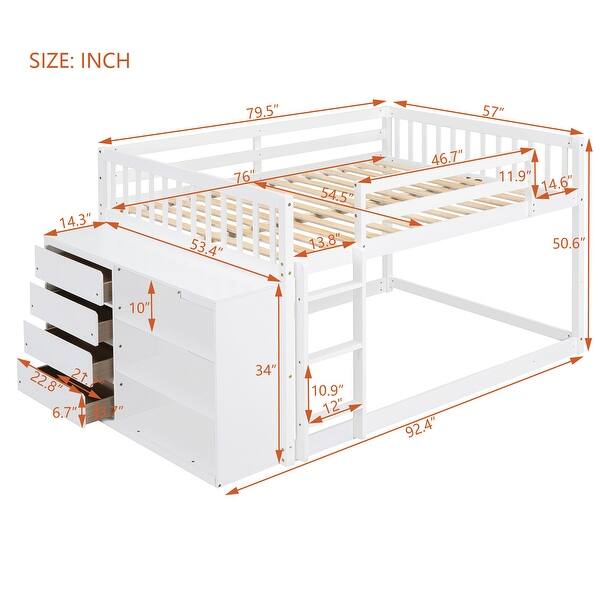 Full Over Full Wood Floor Bunk Bed with 4 Drawers and 3 Shelves, White