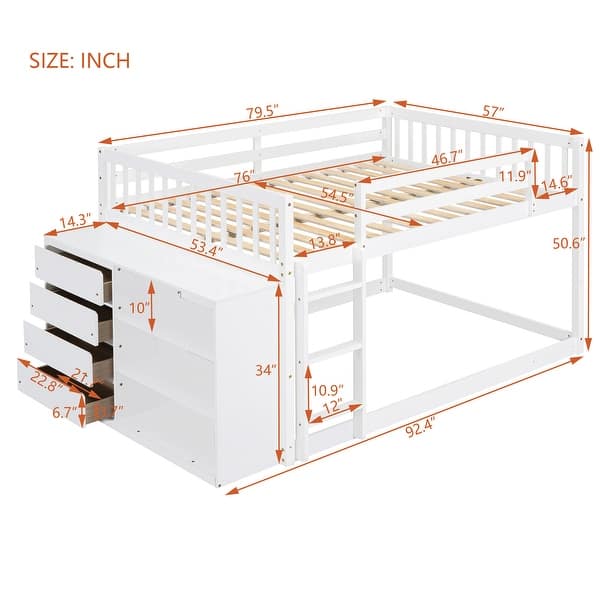 Full over Full Bunk Bed with 4 Drawers and 3 Shelves, White