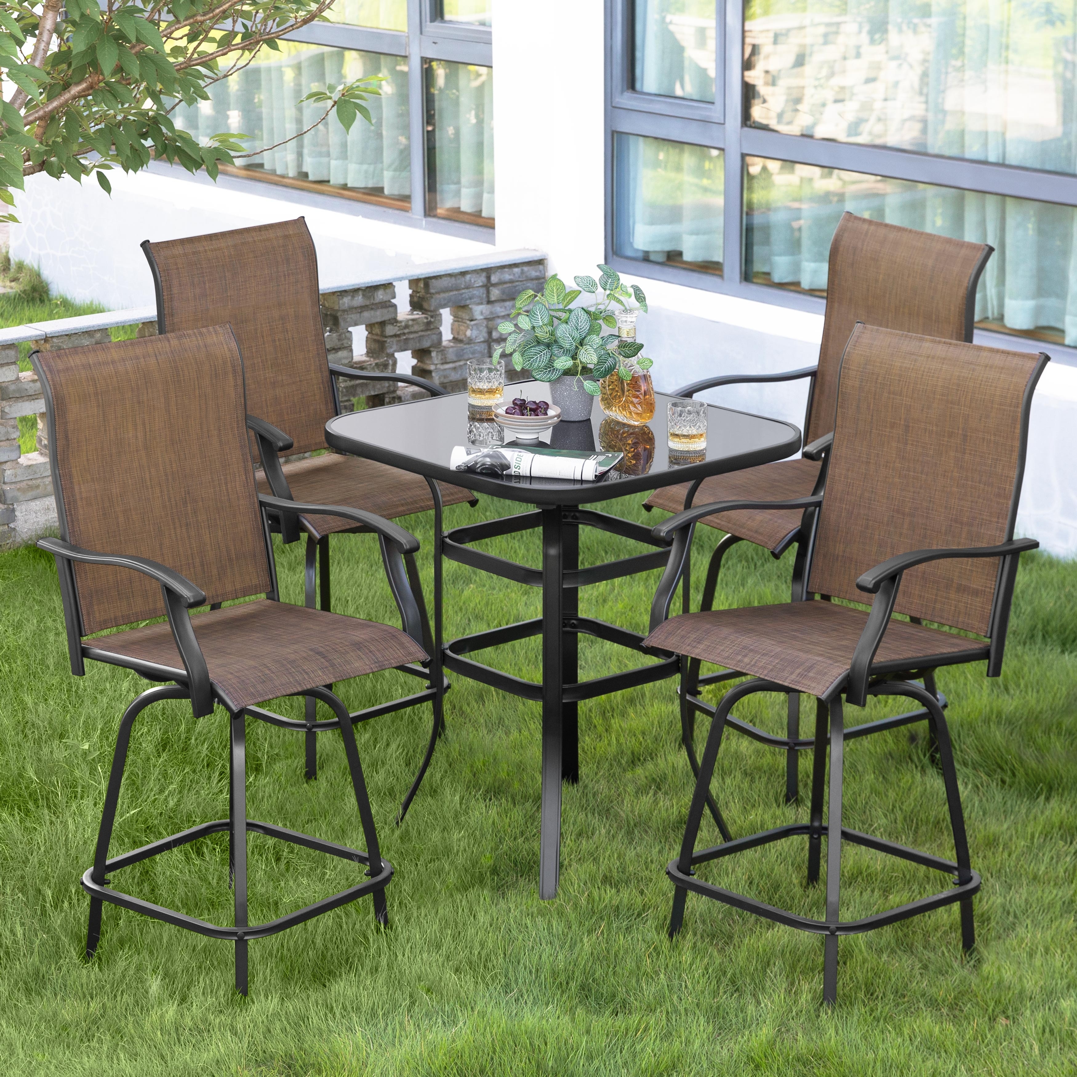 Nuu Garden Outdoor Patio Swivel Bar Stool Set with Glass Table, All-Weather Textilene