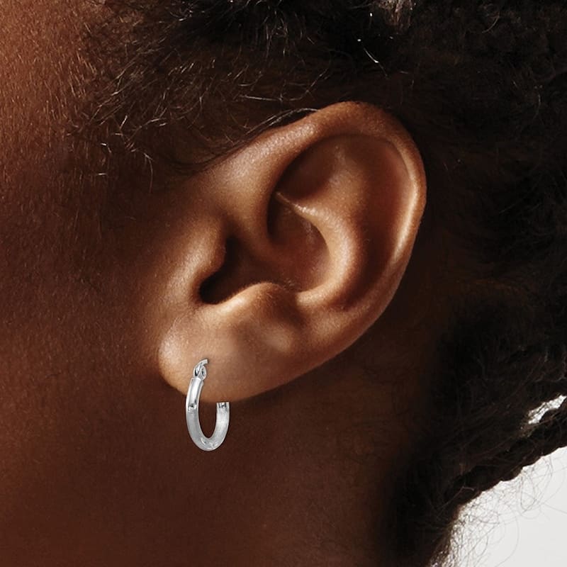 Curata 14k White Gold Satin and Sparkle Cut 9x2mm Round Hoop Earrings