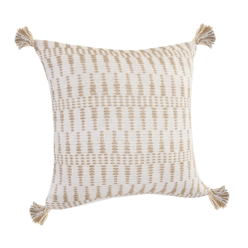 20" Ivory and Tan Geometric Tassel Square Throw Pillow