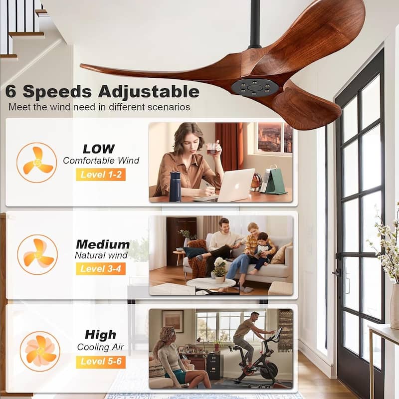 Sofucor 36 Inch Small Solid Wood Ceiling Fan without Light,With Wall Switch and Remote,3 Blades Walnut for Living Room Bedroom