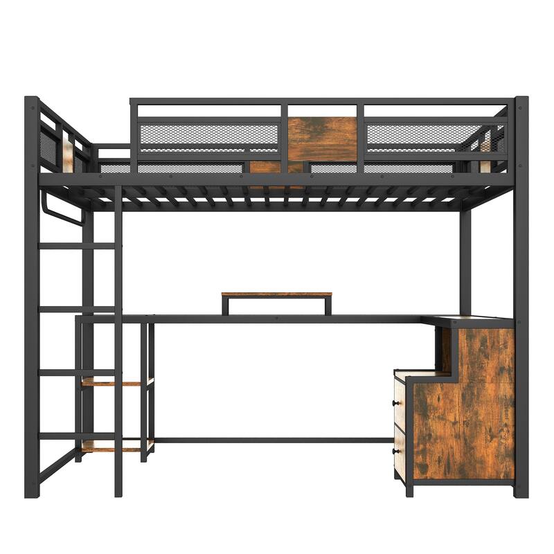 Queen Loft Bed with Desk and Storage, Metal Frame, No Box Spring Needed