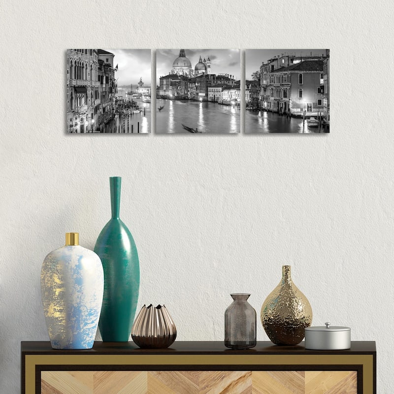iCanvas "Canal Grande Panorama In Black And White, Venice, Italy" by Jan Becke 3-Piece Canvas Wall Art Set - 12x36x1.5