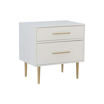 25.75" White Two Drawer Nightstand with Gold Pulls