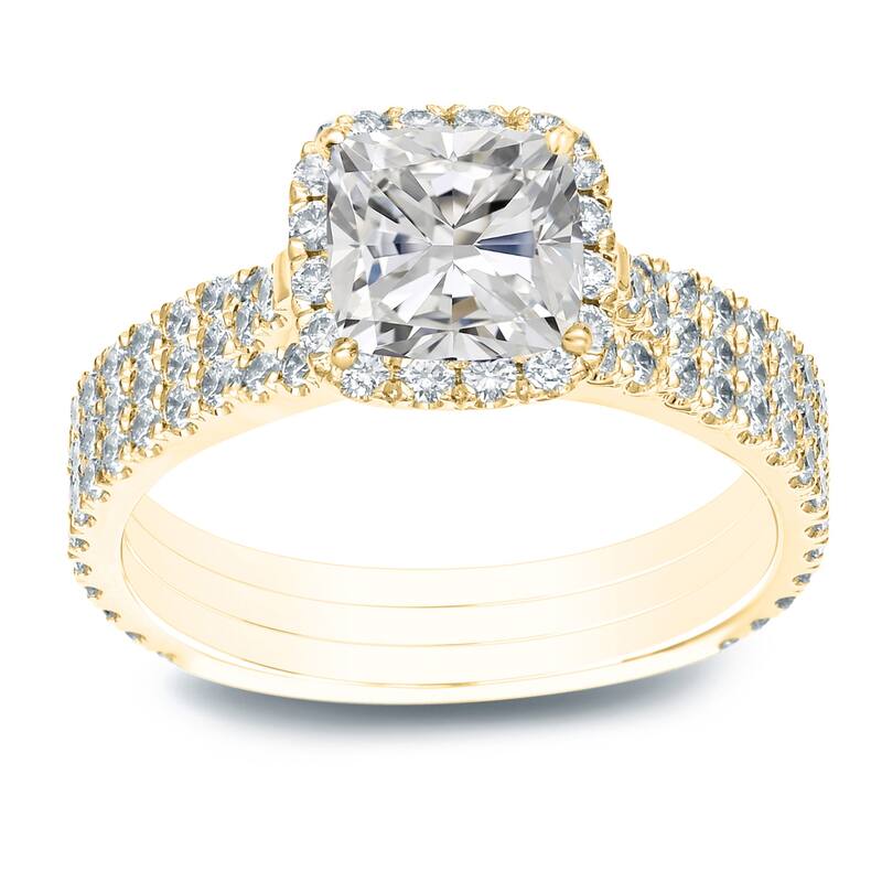 Auriya 2 1/5ctw Cushion-cut Halo Diamond Engagement Ring 3pc Set 14k Gold Certified - Yellow - 5.5