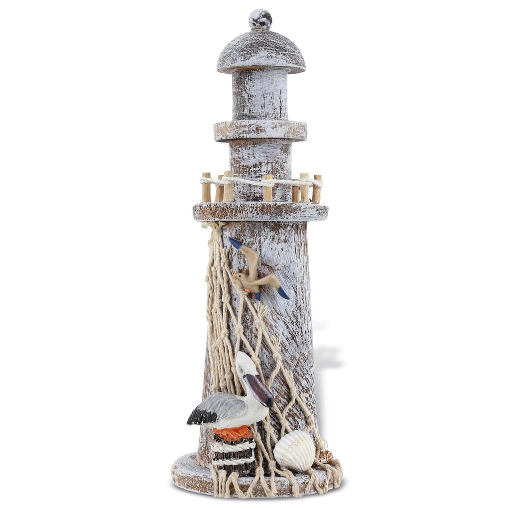 CoTa Global Brown Wooden Lighthouse Decor with Pelican and Fishing Net - 8.75 inches