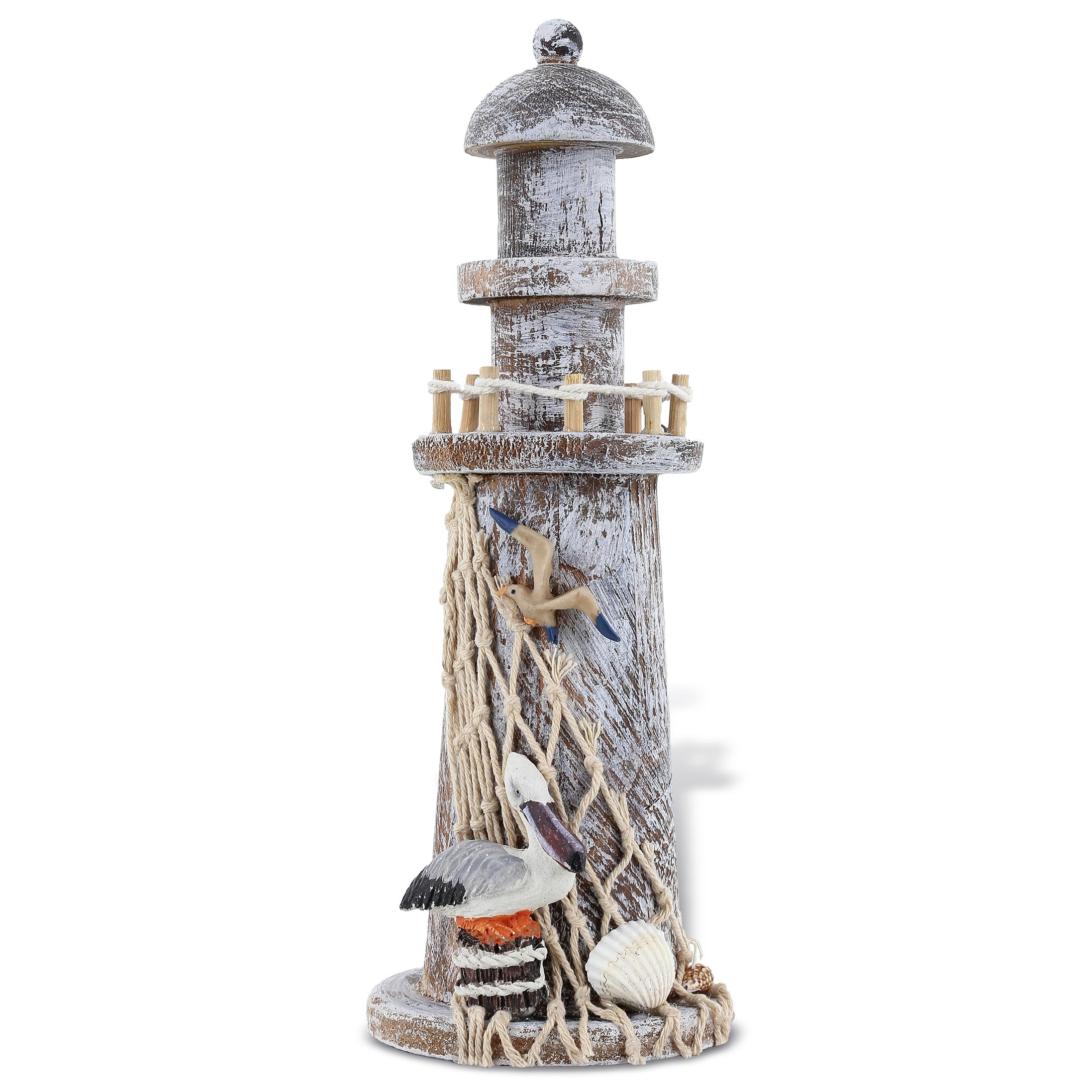 CoTa Global Brown Wooden Lighthouse Decor with Pelican and Fishing Net - 8.75 inches