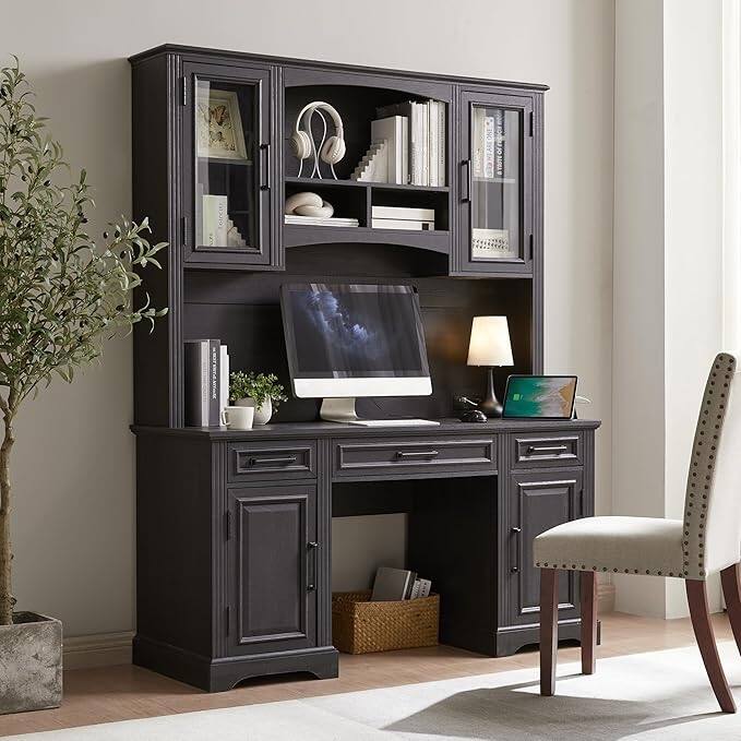 Farmhouse Computer Desk with Hutch,Office Desk with Charging Station - Black