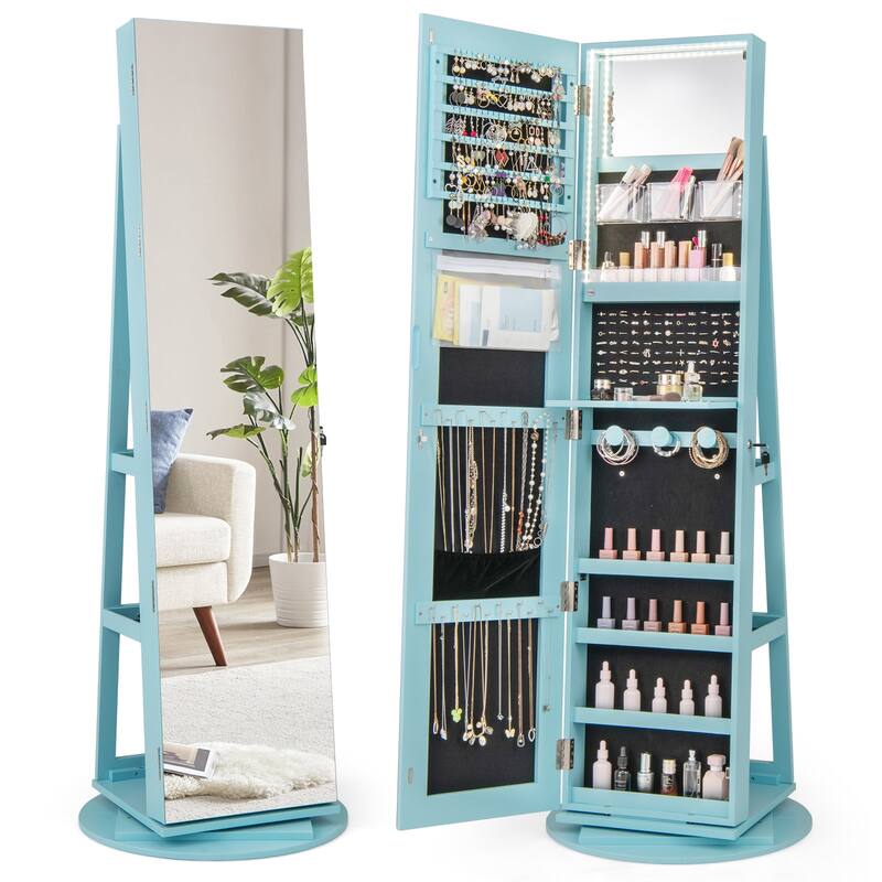 Gymax 360° Rotating Mirrored Jewelry Cabinet Armoire 3 Color LED Modes