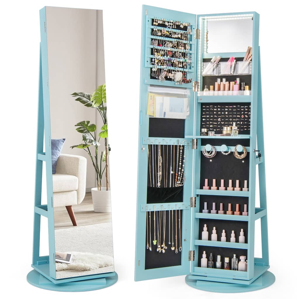 Gymax Rotating Mirrored Jewelry Cabinet Armoire 3 Color LED Modes