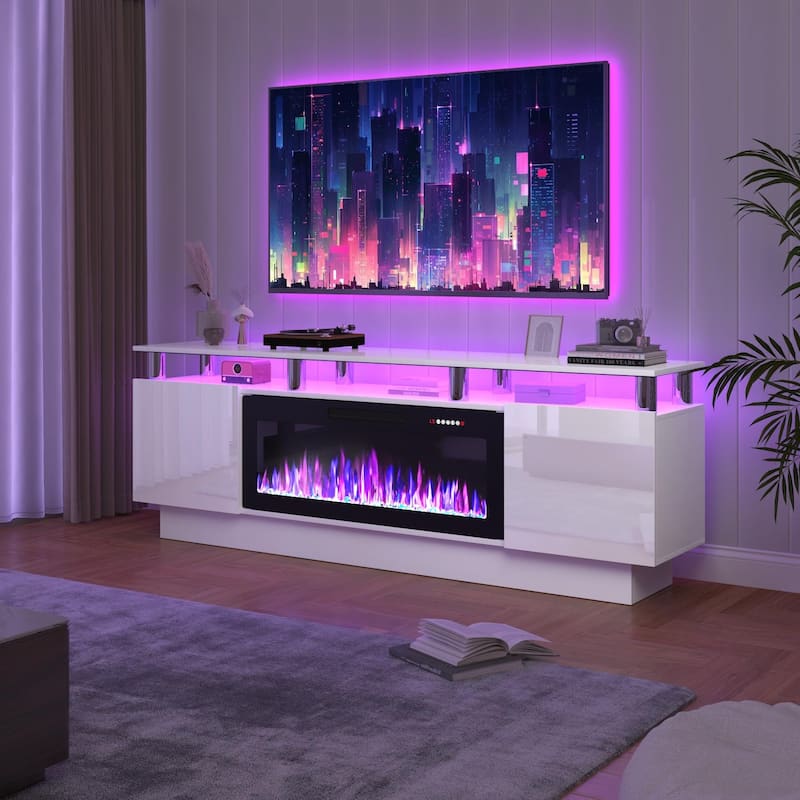 BOSSIN 70" Modern Electric Fireplace TV Stand, with Electronic Flame and LED Lights, High Gloss Finish Entertainment Center