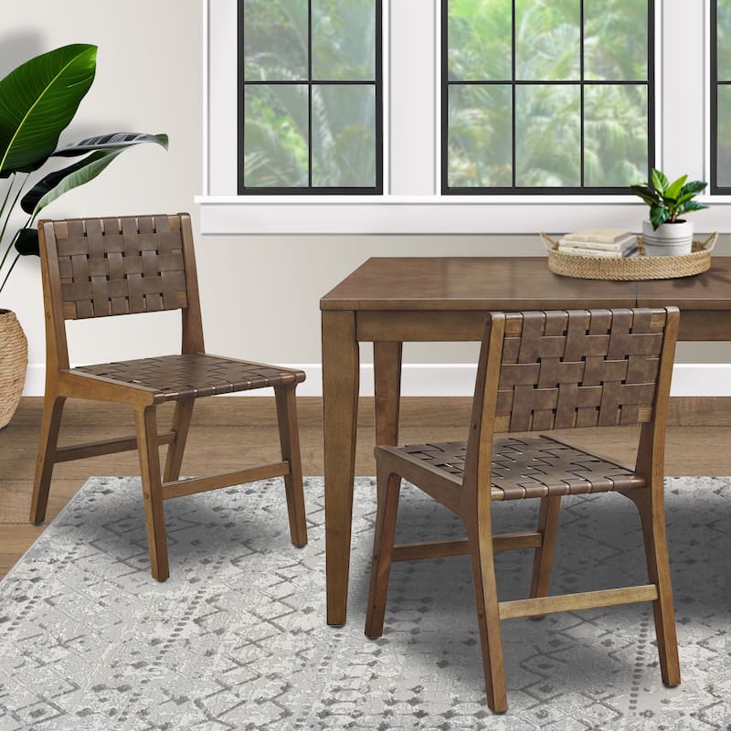 Faux Leather Woven Backrest Dining Chair Side Chair Set of 2 - Brown
