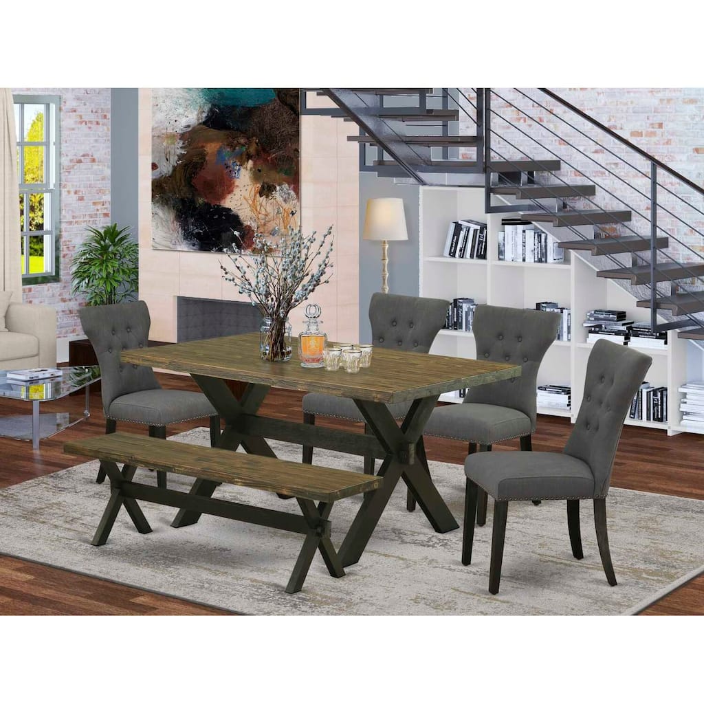 HomeStock 6-Pc Rectangle Natural Oak Finish Solid Wood Top Dining Table with 1-Bench, 4-Chairs