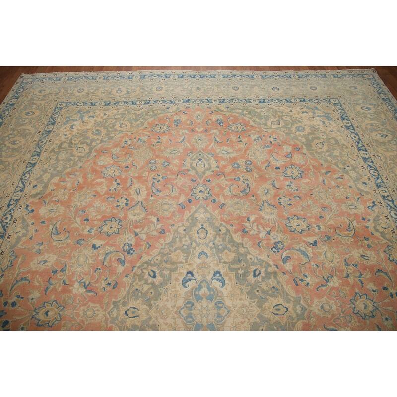 Hand Knotted Oriental 100% Wool Carpet Traditional Floral Pink Mashad Area Rug - 12' 6'' X 9' 6''
