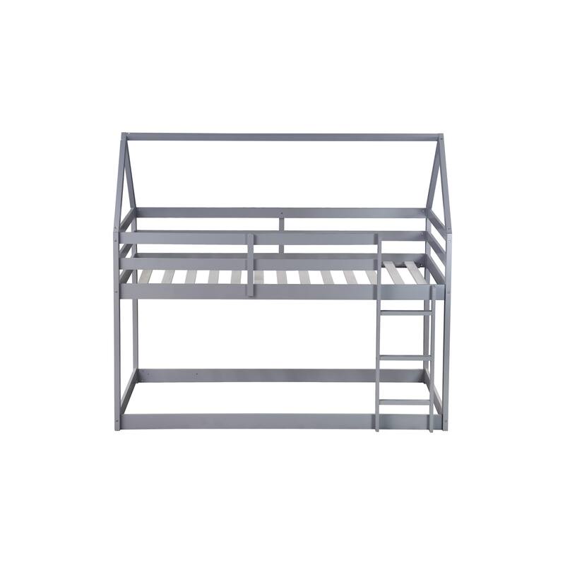 House-shaped Bed Frame, Twin Over Twin Low Bunk Bed with House Roof, No Slats Floor Bed, Ladder and Guardrails, Floor Bunk Bed