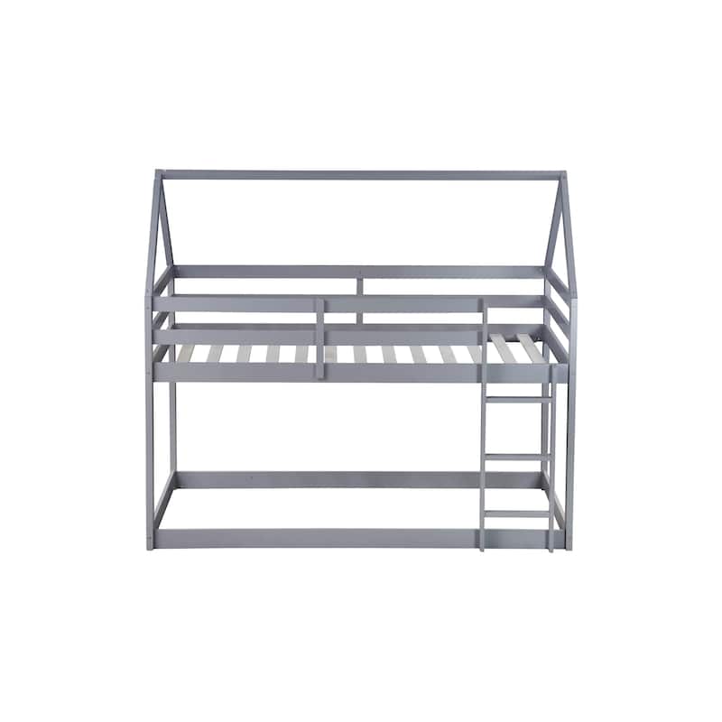 Twin over Twin Rubber Wood Floor Bunk Bed with Ladder, Guardrails, and House-Shaped Design, Pink Kids Bunk Bed