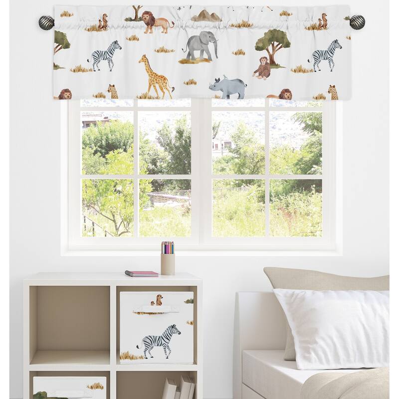 Jungle Animals Window Curtain Valance Hunter Green Yellow Black and White Safari Animal Elephant Giraffe Lion Monkey Leopard