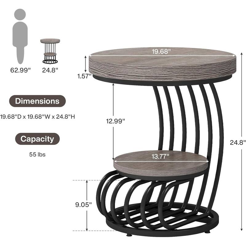 2 Tiers Round End Table with Shelf Storage, Arc-Shaped Side Sofa Table