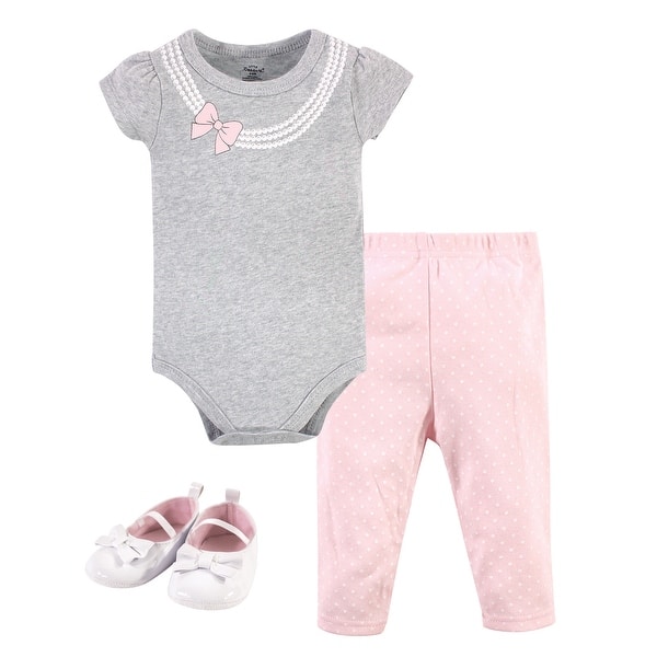 slide 1 of 1, Little Treasure Baby Girl Cotton Bodysuit, Pant and Shoe 3pc Set, Gray Pink Pearls 0-3 Months - Gray Pink Pearls