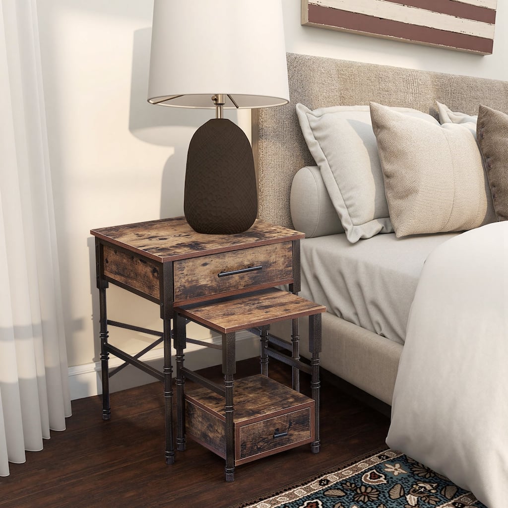 VECELO Nesting Coffee Table Set of 2, Square Nightstands with Adjustable Non-Slip Feet, Industrial End Table Side Tables