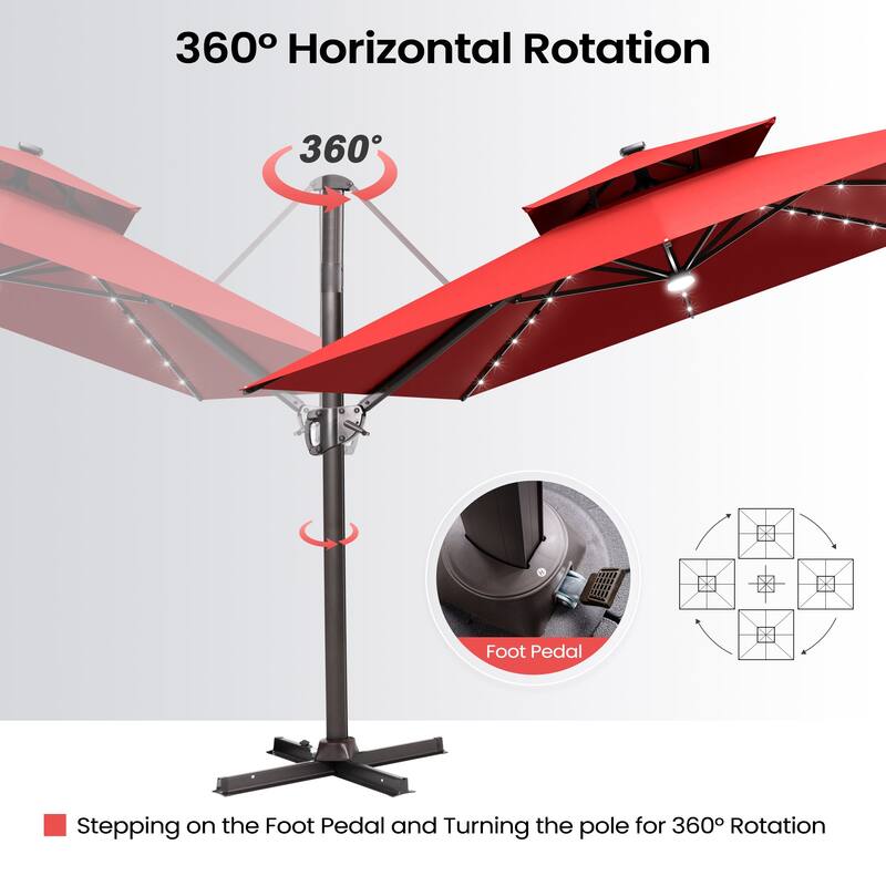 9 x11 FT Cantilever Patio Umbrella with Weighted Base, Double Canopy & LED Lights