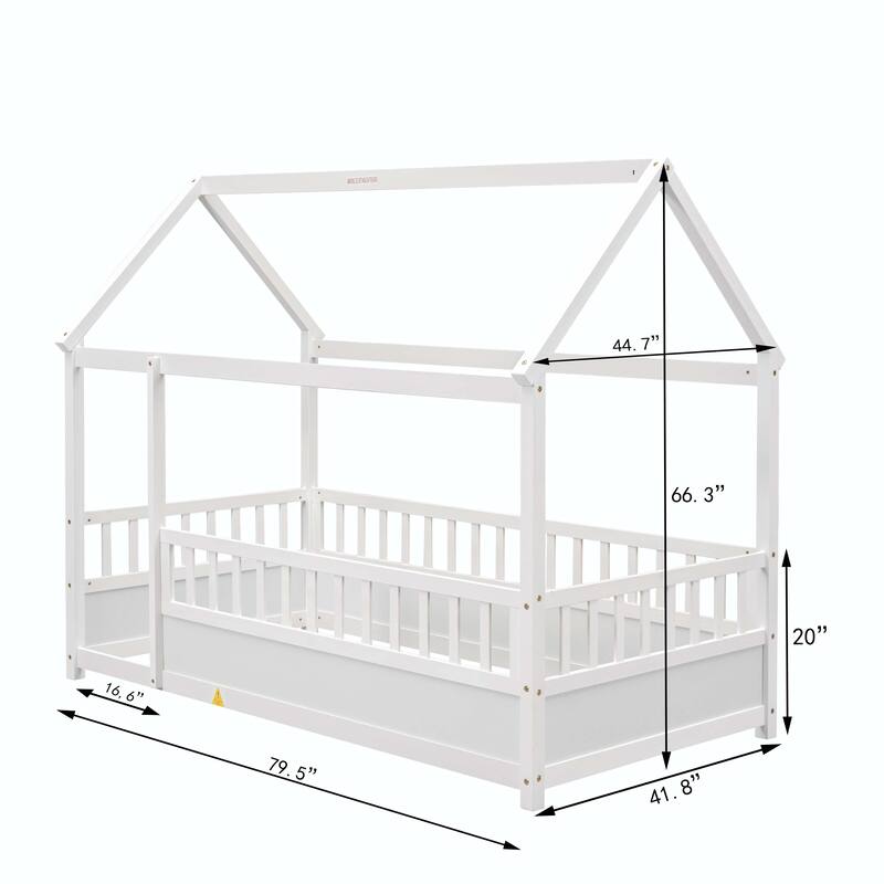 Twin Size Floor Wooden Bed with Fence Guardrails