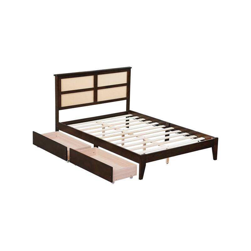 Roomfitters Full Rubber Wood Bed with Rattan Headboard, Underbed Storage Design, Reinforced Slats and Support Feet