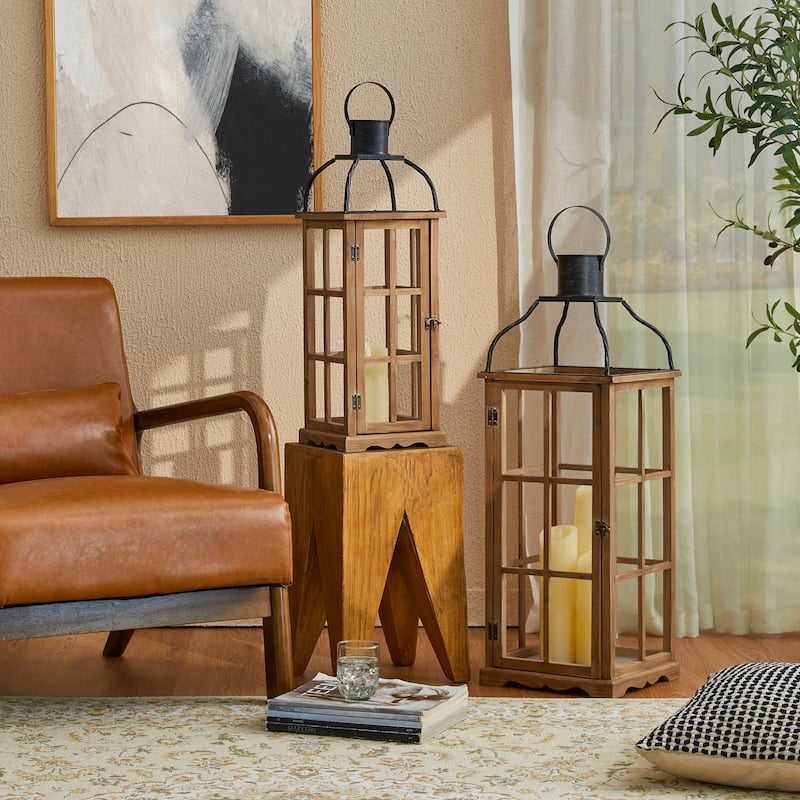 Glitzhome Farmhouse Wooden Metal Cage Candle Holders Patio Hanging Vintage Lanterns (Set of 2)