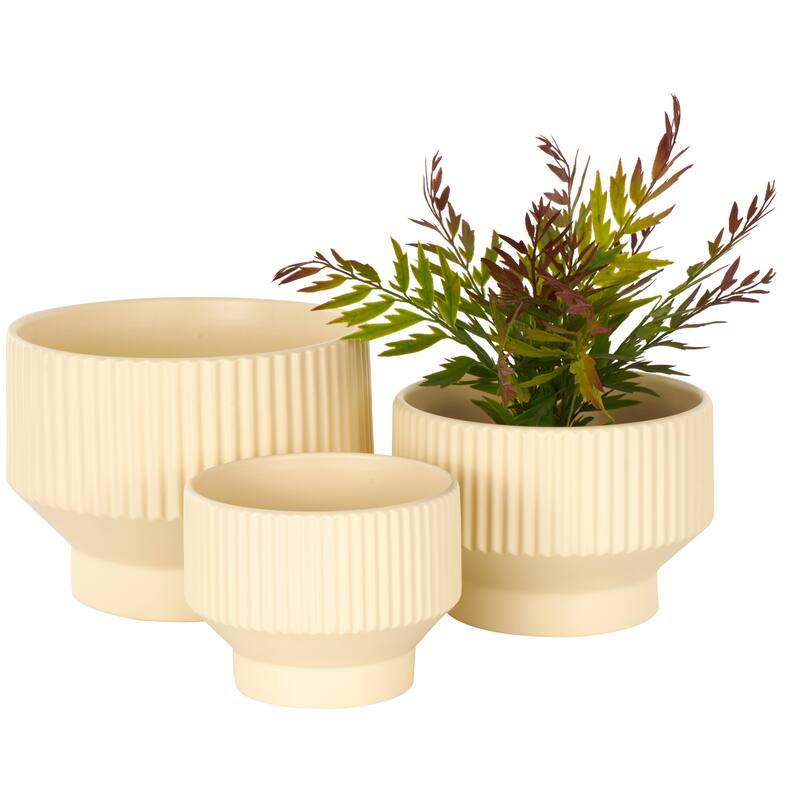 Green, Cream or White Ceramic Wide Planter with Linear Grooves and Tapered Bases (Set of 3)