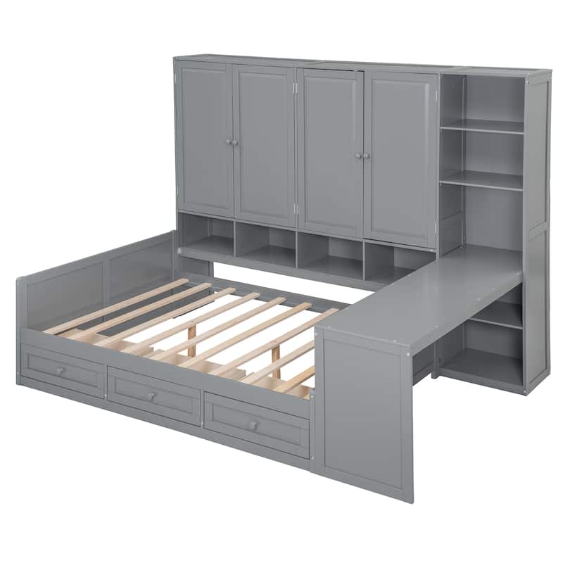 Daybed with Storage Drawers, Built-In Desk, Cabinets, and Shelves, Space-Saving Design
