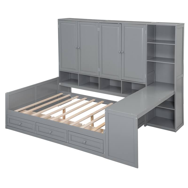 Versatile Full Size Daybed With Desk & Shelves, Space-Saving Wooden Storage Platform Frame with 3 Drawers and All-in-One Cabinet