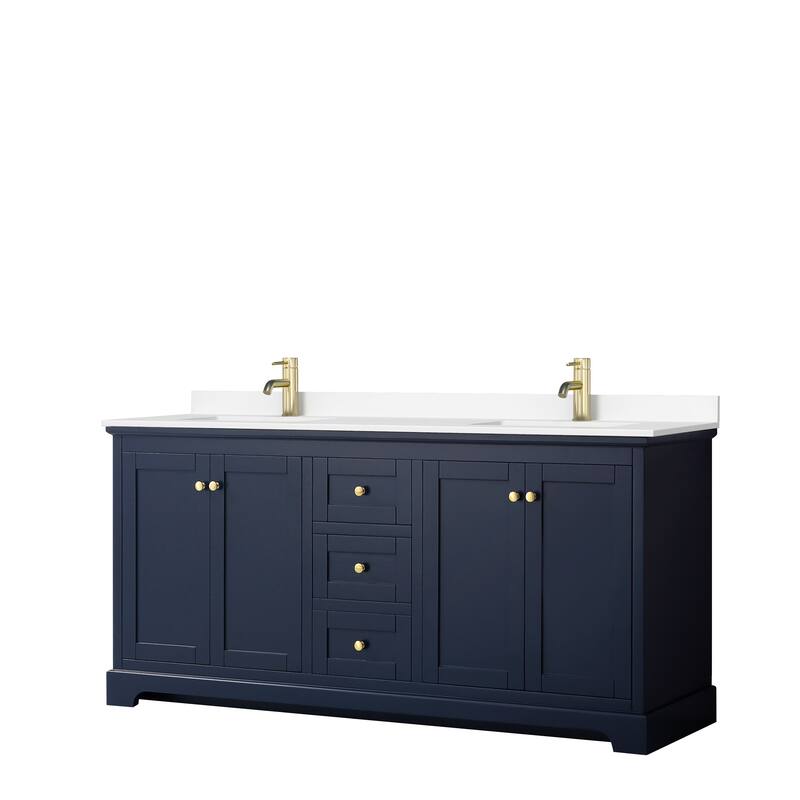 Avery 72 Inch Double Vanity, Cultured Marble Top - Dark Blue, Gold Trim, White Cultured Marble Top
