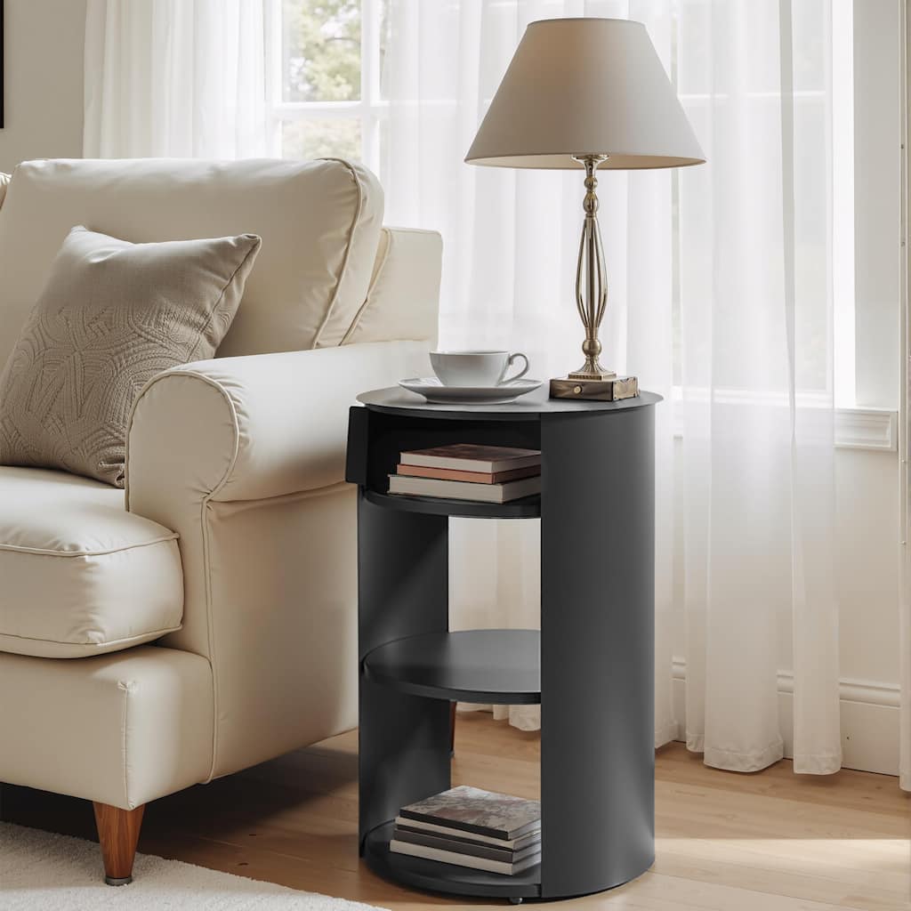 Indoor 3-Tier Metal Round Side Table with Sliding Door Cabinet