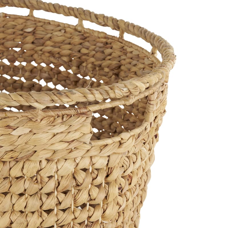 Brown Seagrass Handmade Woven Oval Decorative and Functional Storage Basket with Elevated Rim and Slot Handles