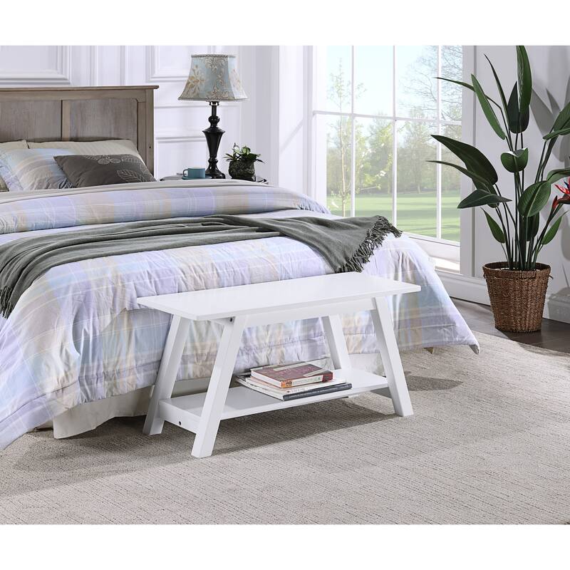 White Entry Footrest Bench Bedroom End of Bed Bench with Open Shelf, Stylish Wooden Leisure Bench Corridor Bench - White