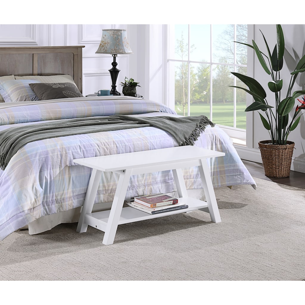 White Entry Footrest Bench Bedroom End of Bed Bench with Open Shelf, Stylish Wooden Leisure Bench Corridor Bench