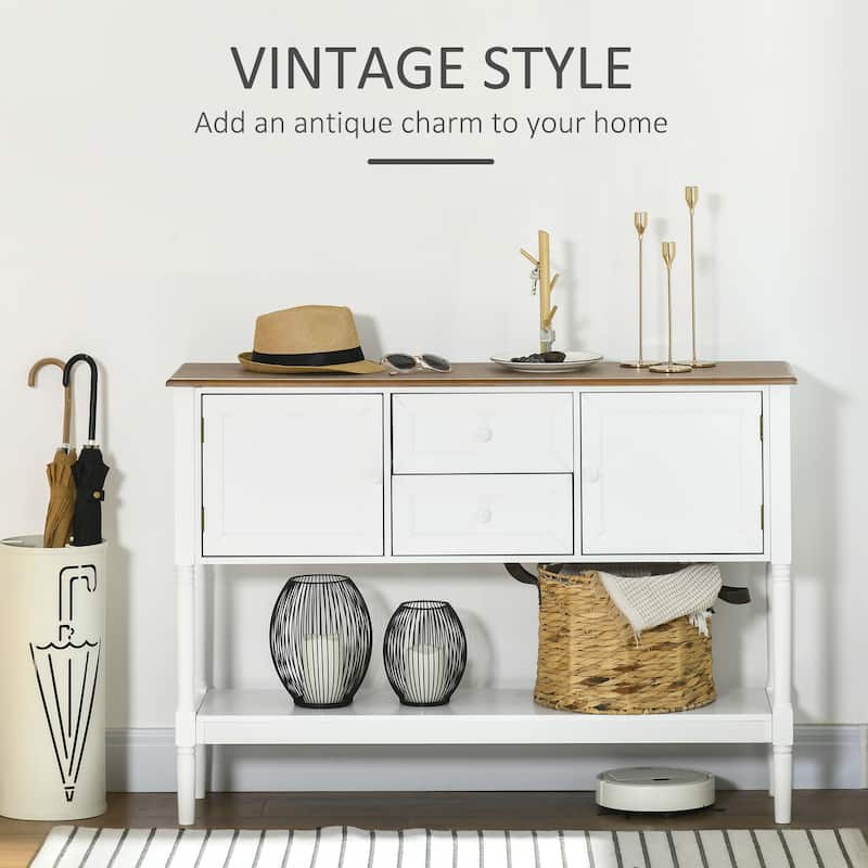White MDF and Pine Retro Console Table with Storage, Handles and Anti-Tip - 45.25" W x 11.75" D x 32.25" H