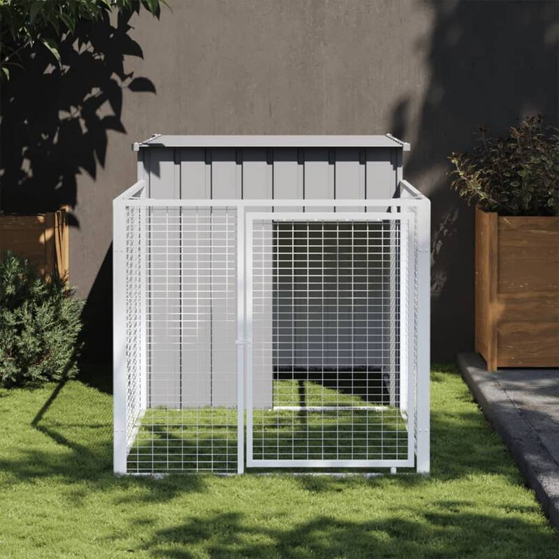 vidaXL Dog House with Run Anthracite/Light Gray multisize Galvanized Steel - 43.3" x 79.1" x 43.3" - Light gray