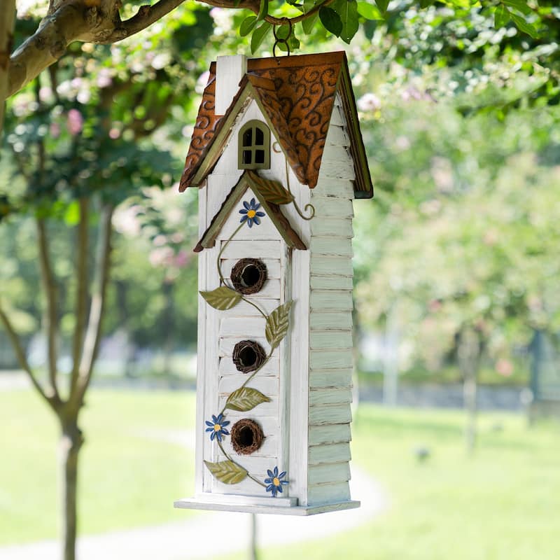 Glitzhome 24.25"H Oversized Washed Blue or White 3-Tiered Solid Wood Villa Decorative Outdoor Garden Birdhouse - White