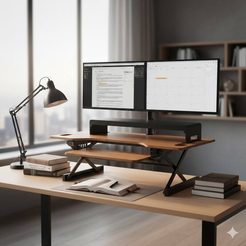 Rocelco 46 in. W Beige Height Adjustable Standing Desk Converter with Double Monitor Mount Stand and Deep Keyboard Tray