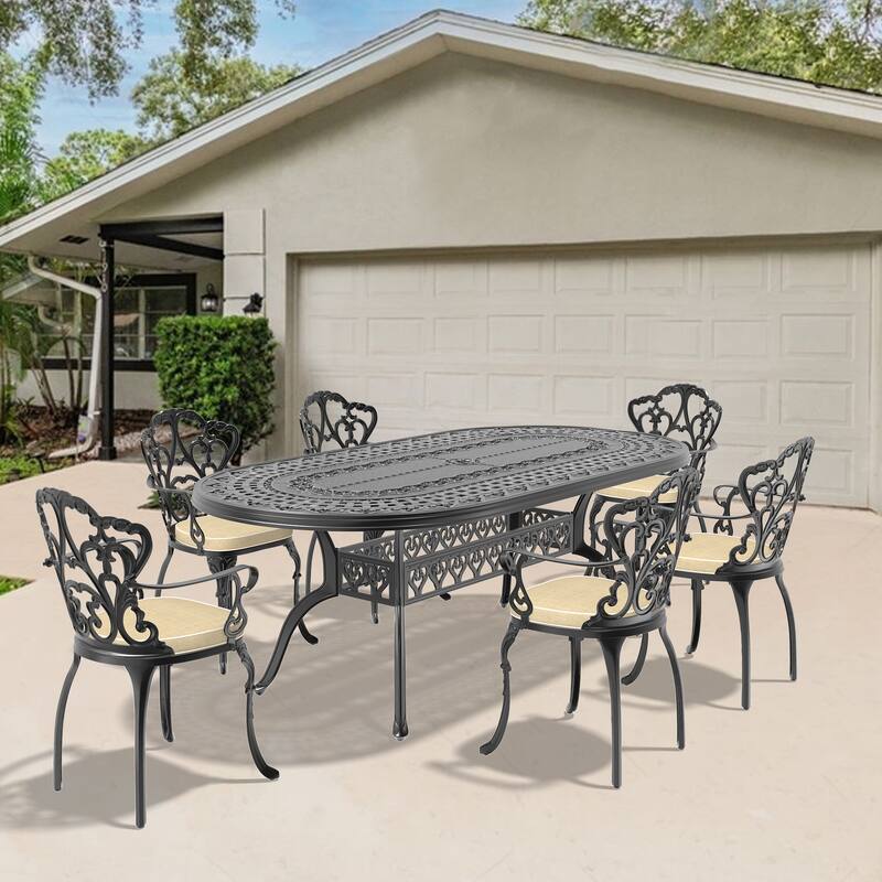 7/9-Piece Cast Aluminum Outdoor Dining Set with 82.87'' L X 42.13'' W Oval Table and Random Color Seat Cushions - Black( 7-Piece Sets-C)