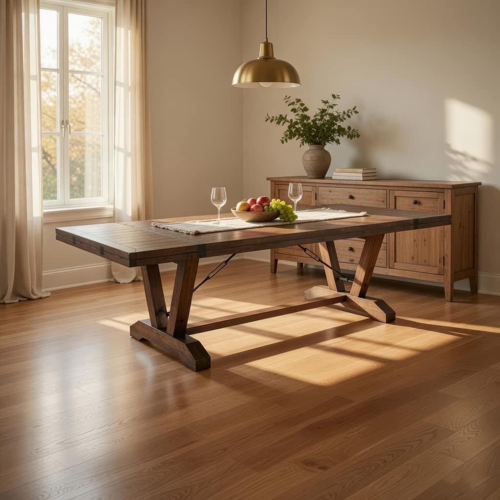 Yael Dining Table, 108-140 Inch 8 to 14 Seater, Brown Mahogany Wood - Natural Brown, Black