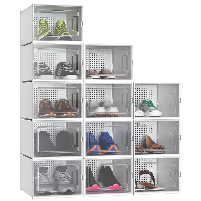 6/12/18 Pack Shoe Storage Box Plastic Stackable Shoe Organizer for Closet Foldable Sneaker Containers Bins Holders Racks