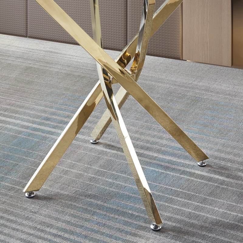 Contemporary Round Clear Dining Tempered Glass Table with Gold Finish Stainless Steel Legs