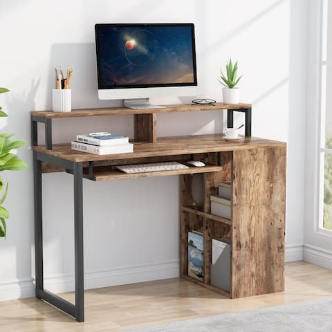Computer Desk with Monitor Stand, Keyboard Tray and Shelves, Study Writing Desk